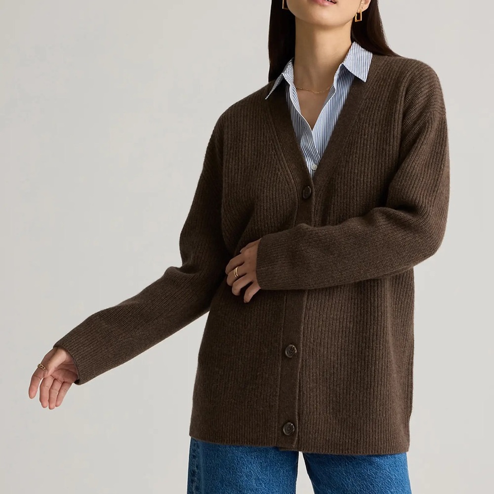 Quince Mongolian Cashmere Oversized Boyfriend Cardigan Sweater (XS): brown